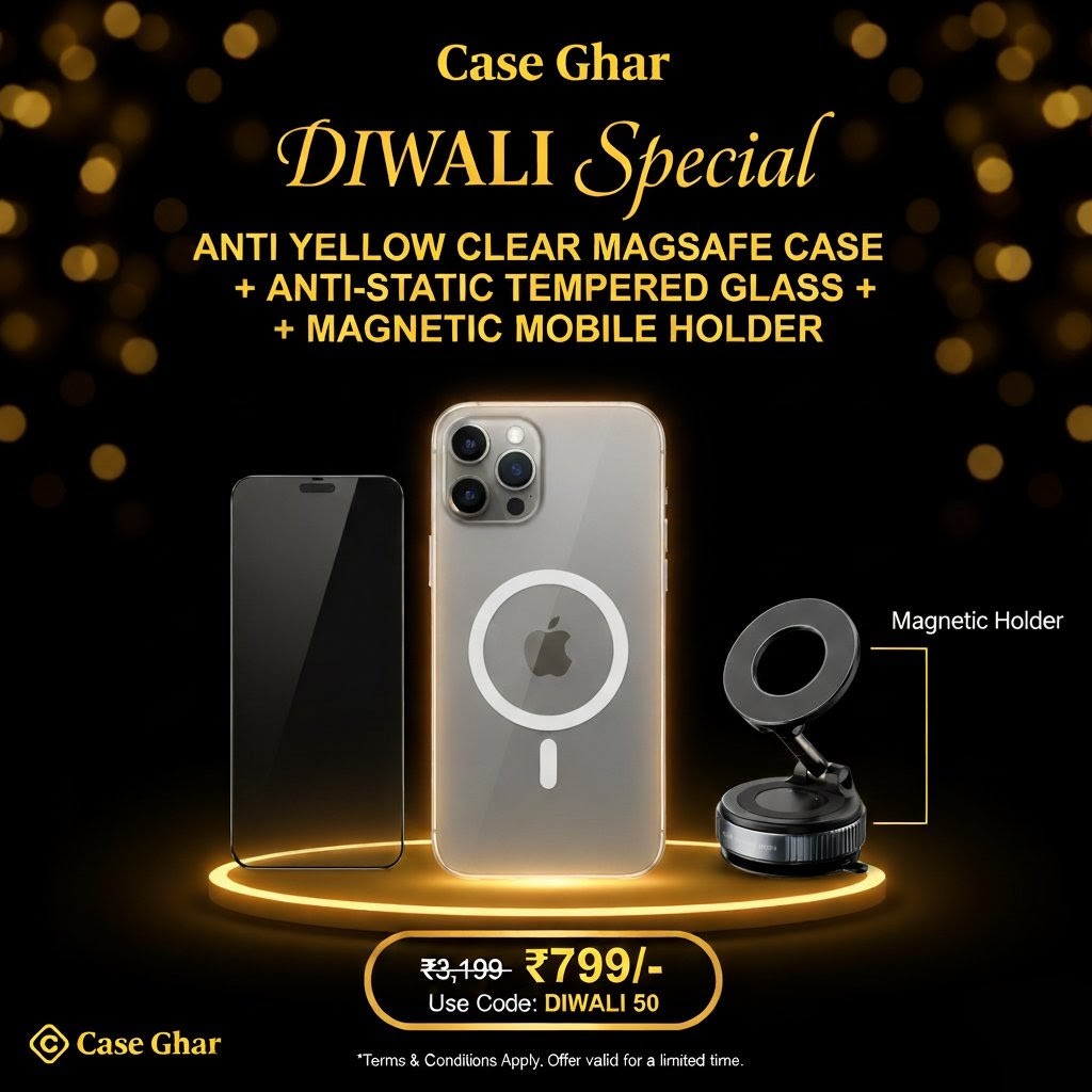 Iphone Anti Yellow Magsafe Clear Case-(Anti yellow case +Tempered Glass+ Magnetic mobile stand)