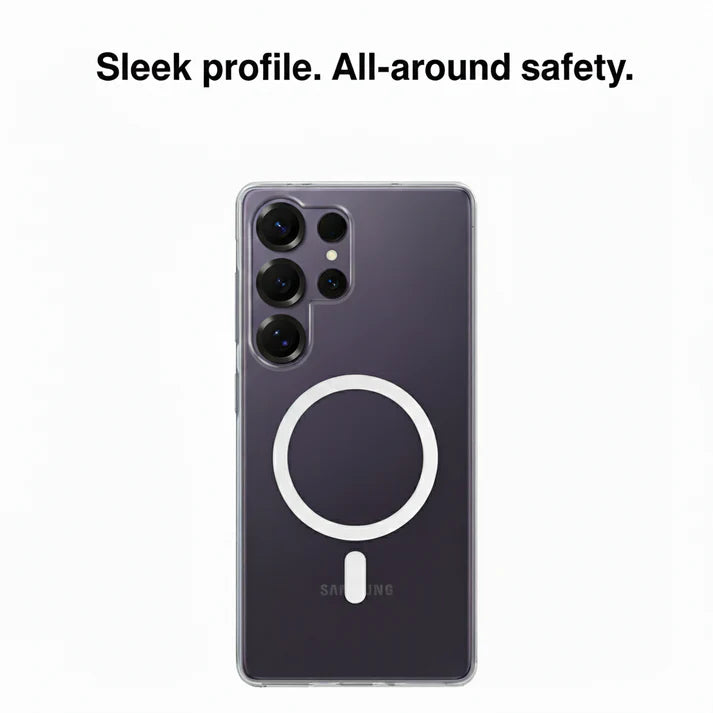 Samsung Anti Yellow Magsafe Clear Case-(Anti yellow case +Tempered Glass+ Magnetic mobile stand)