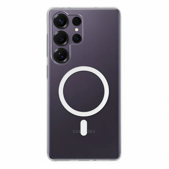 Samsung Anti Yellow Magsafe Clear Case-(Anti yellow case +Tempered Glass+ Magnetic mobile stand)