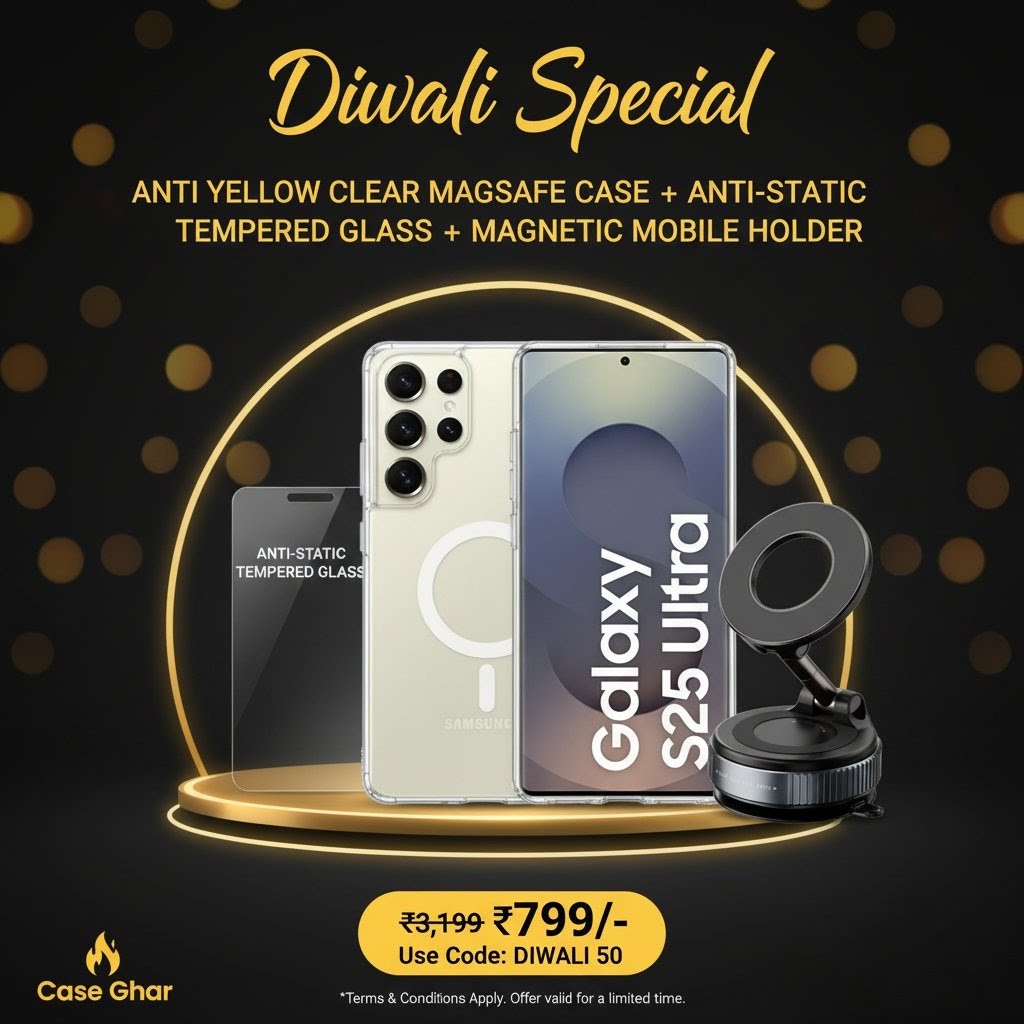 Samsung Anti Yellow Magsafe Clear Case-(Anti yellow case +Tempered Glass+ Magnetic mobile stand)